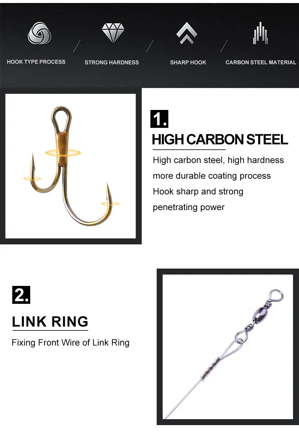 Experimente un rendimiento de pesca superior con nuestros ganchos de acero de alto carbono y anillos de enlace duraderos