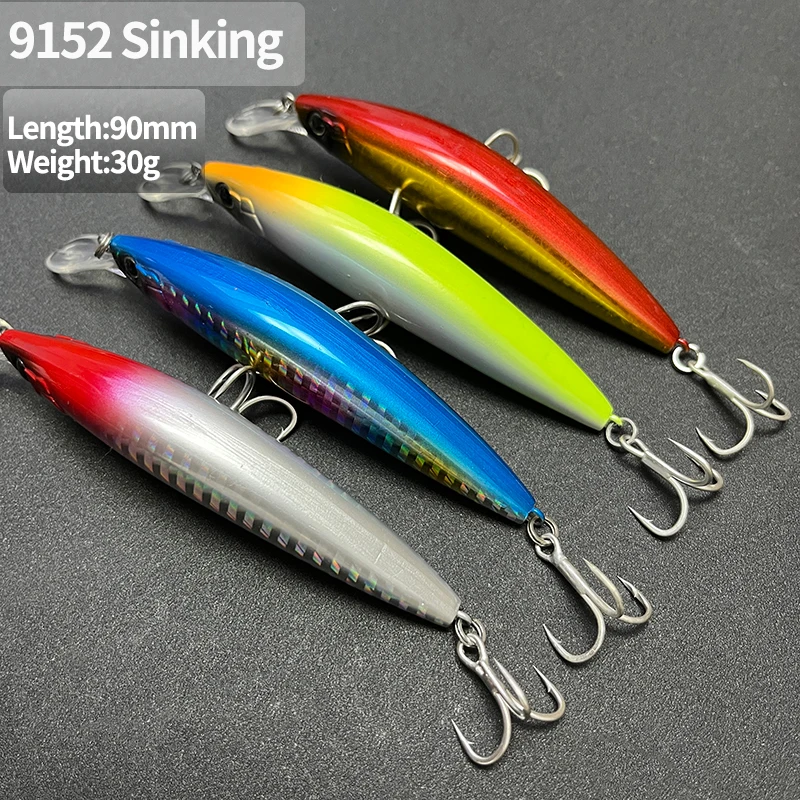 Cebo de pececillo de hundimiento pesado, 30g, 90mm, señuelo de trucha de lubina, cebo Artificial de fundición larga, equipo de natación curricán para buceo en agua salada - imagen 2