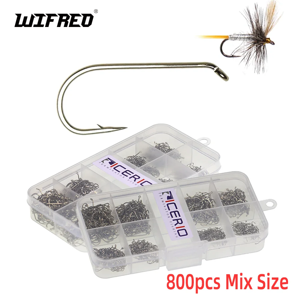 Wifreo-anzuelo de mosca de acero al carbono, anzuelo de mosca seca de caña larga para pesca con mosca, trucha, 800 piezas, tamaño mixto, 1X