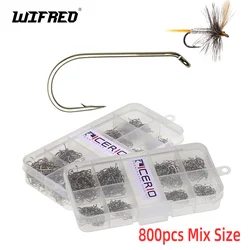 Wifreo-anzuelo de mosca de acero al carbono, anzuelo de mosca seca de caña larga para pesca con mosca, trucha, 800 piezas, tamaño mixto, 1X