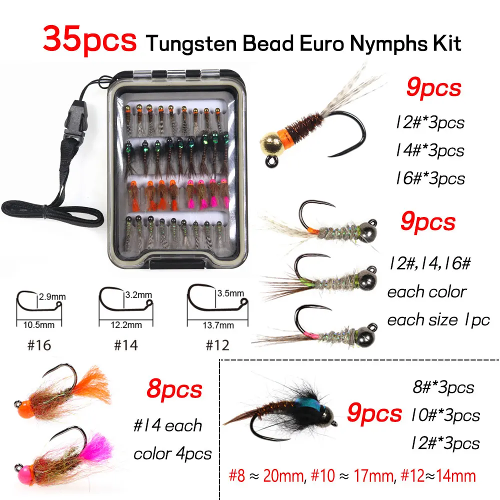 Bimoo 35 unids/caja #8-16 cuenta de tungsteno cabeza Euro ninfas Kit sin rebaba plantilla gancho rápida hundimiento trucha señuelo de pesca moscas - imagen 2