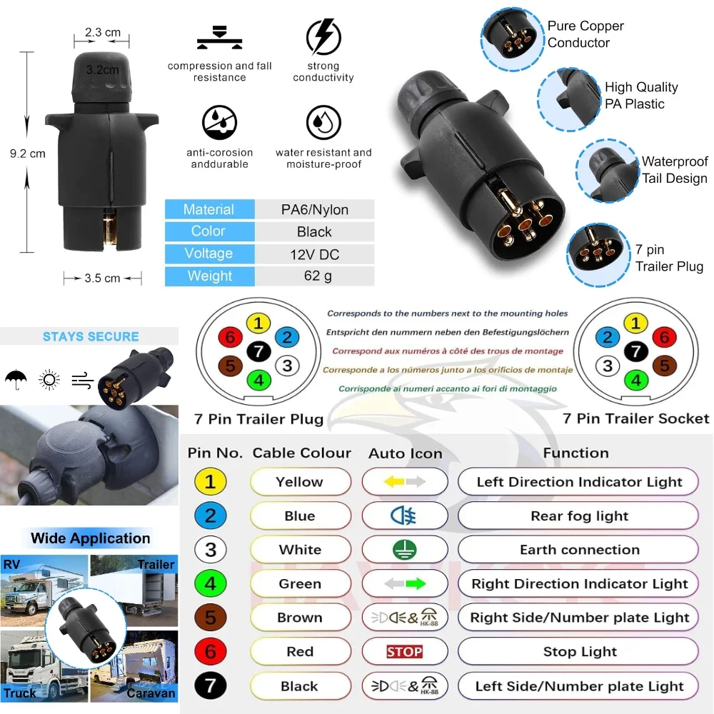 Conector impermeable de 7/13 pines para remolque, barra de remolque para caravana, adaptador de enchufe, convertidor de enchufe, accesorios para coche, camión y caravana - imagen 2