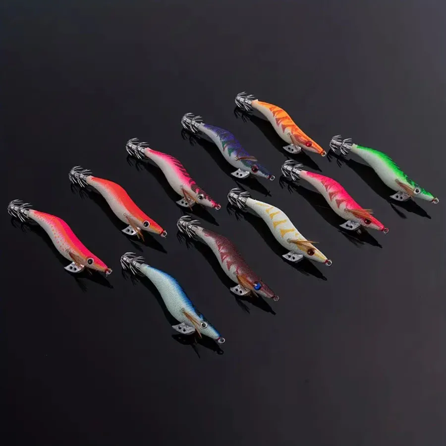 10 unids/bolsa plantilla de sepia que brilla en la oscuridad juego de Señuelos de Pesca de camarones de madera Jigging madera calamar Kit de cebo Artificial duro luminoso - imagen 5