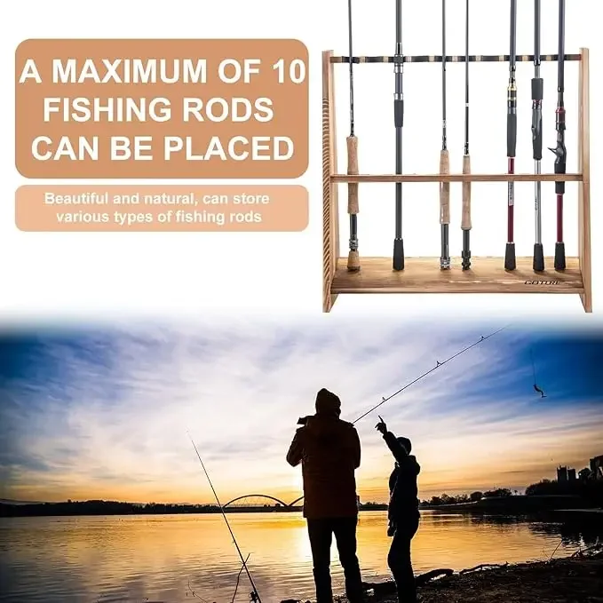 Soporte para caña de pescar de madera de pino Goture, 10 capacidades, fácil de montar, organizador de almacenamiento de caña de pescar extraíble, soporte de exhibición - imagen 4