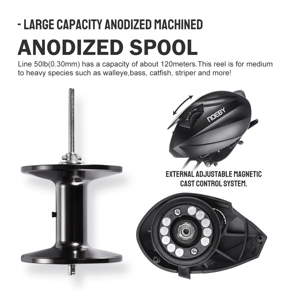 Carrete Noeby Baitcasting, arrastre máximo de 15kg, relación de engranaje 6,4:1, gran capacidad, carbono, acero inoxidable, aluminio, carretes de pesca de Lucio de fundición larga - imagen 5