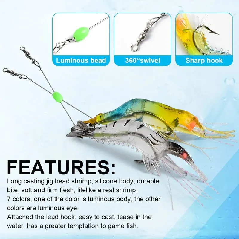 7 unids/lote señuelo de pesca suave de camarones 9cm/6g cebo Artificial con cuentas luminosas gancho giratorio señuelo de camarón realista cebo de pesca de carpa - imagen 3