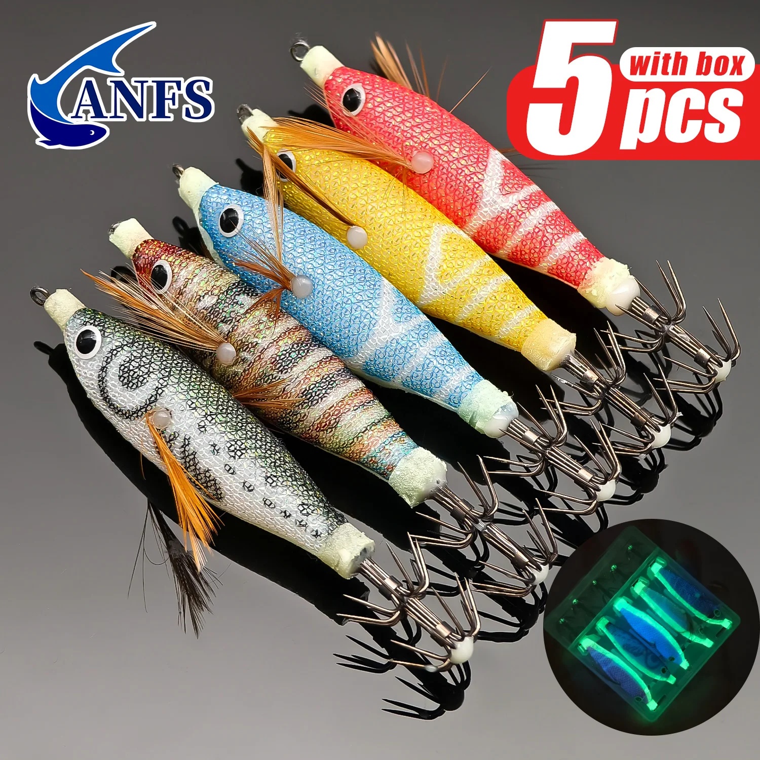 ANFS Señuelos horizontales para camarones, plantilla de calamar, señuelos de gambas para pesca de pulpo y sepia, 5 uds. Con caja de almacenamiento - imagen 5