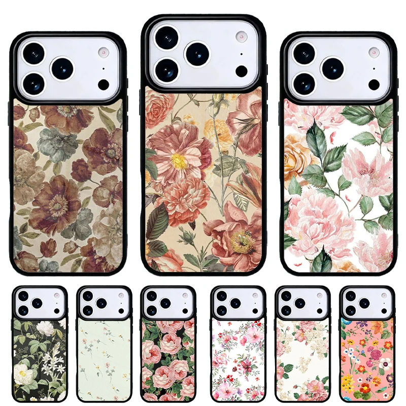 Funda trasera vintage hojas y flores para iPhone 15 14 13 Pro Max