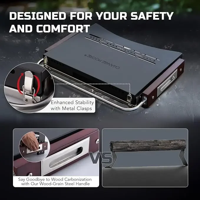 CHANGEMOORE Estufa para acampar al aire libre Parrilla de barbacoa de acero inoxidable 304 portátil con asas resistentes al calor Camping Jardín Picnic al aire libre - imagen 5