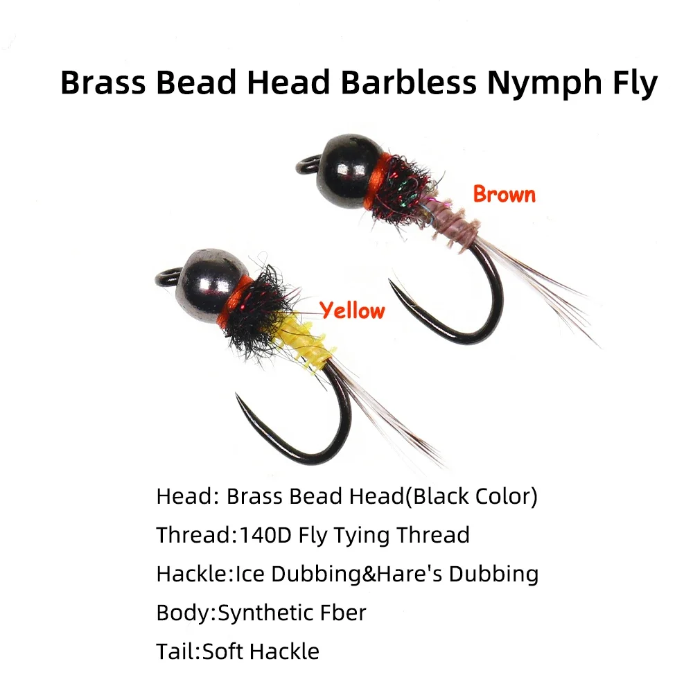 Wifreo 6 piezas # 20 latón Beadhead sin púas Ninfa mosca amarillo marrón moscas húmedas mosca trucha lubina Grayling Steelhead pesca señuelo cebos - imagen 3