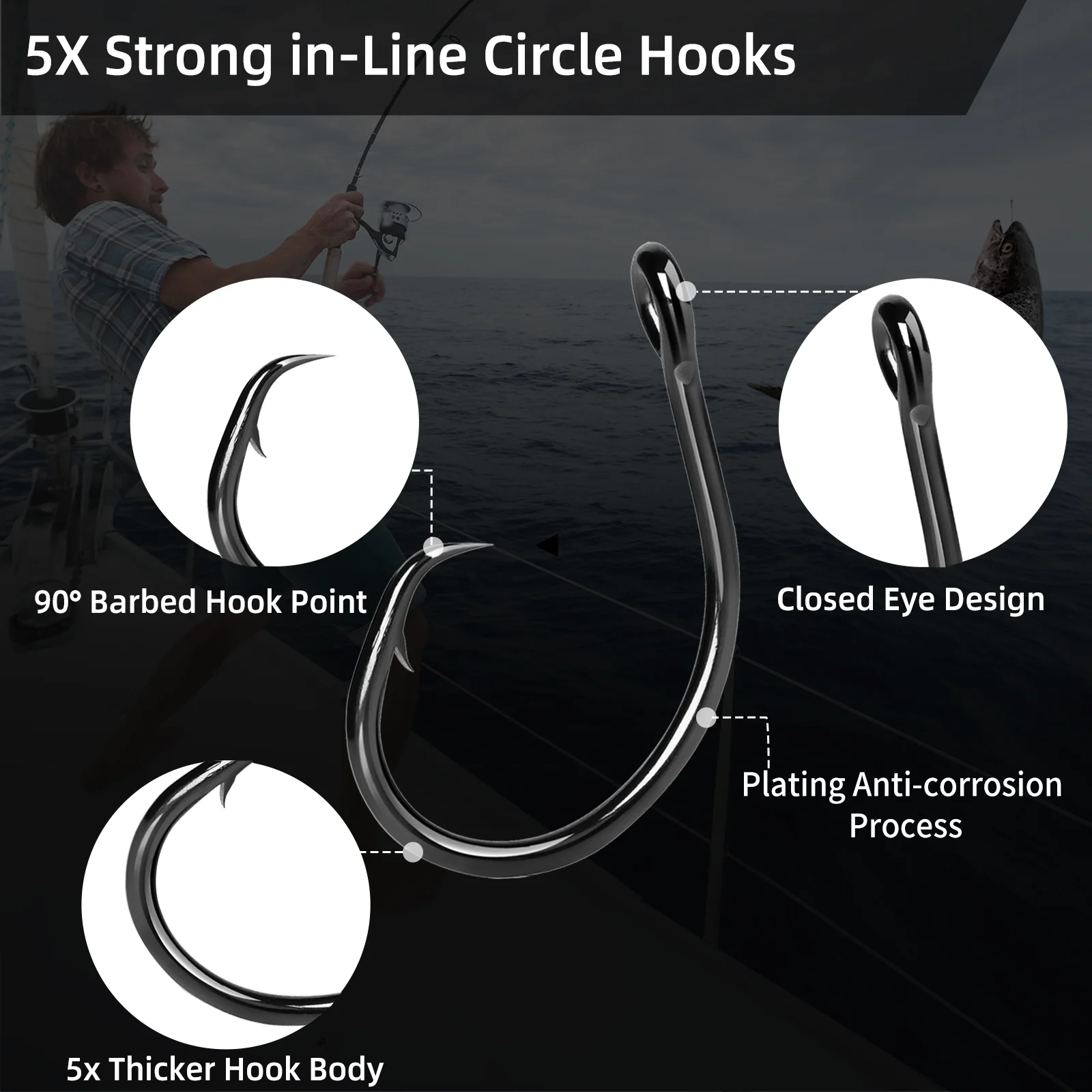 Pesca 5X anzuelos circulares agua salada 25 ~ 50 Uds anzuelo de pesca de bagre de acero rico en carbono 5x anzuelo fuerte de espacio ancho sin compensación lubina salmón - imagen 4