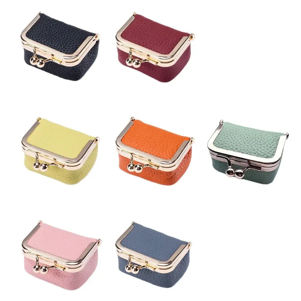 Carteras pequeñas informales de Color sólido Kiss Lock Mini monedero bolsa de almacenamiento de cuero genuino - imagen 4