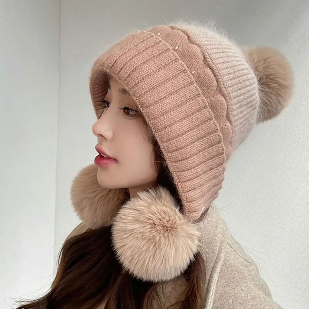 Gorro de punto grueso y cálido para mujer, gorros a prueba de viento con protección para los oídos, gorros a prueba de frío con adornos de perlas, Otoño e Invierno - imagen 4