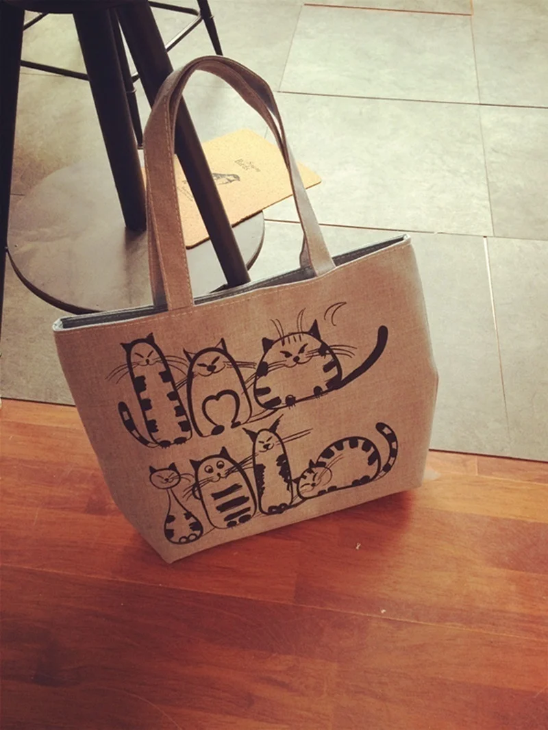 Bolso de playa con cremallera y estampado de gatos de dibujos animados, bolso de lona a la moda para mujer, bolsos de compras - imagen 5