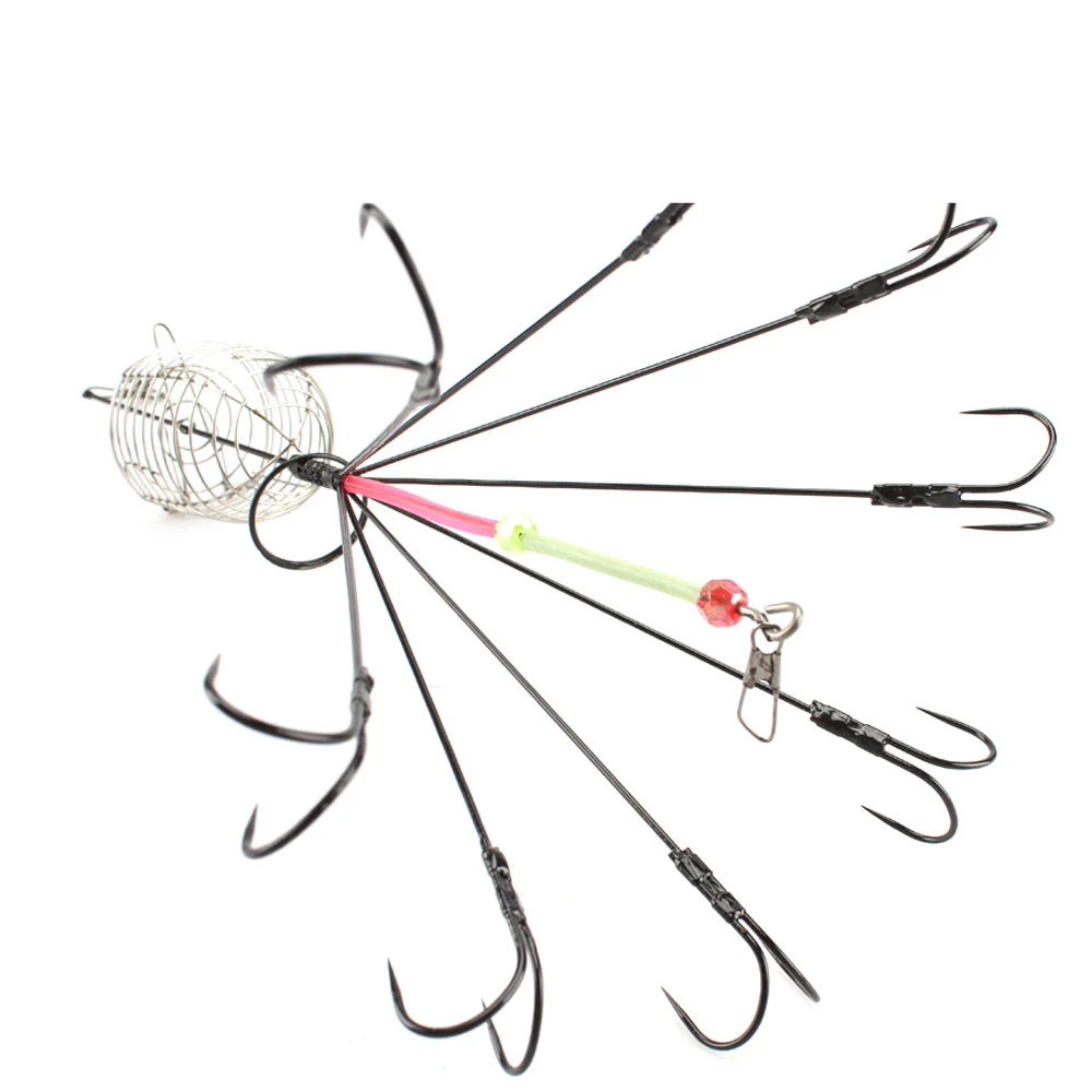 Anzuelo de pulpo atractivo de acero rico en carbono con jaula de cebo de Metal para alimentador de peces, 8 anzuelos de explosión para pesca de carpa - imagen 4