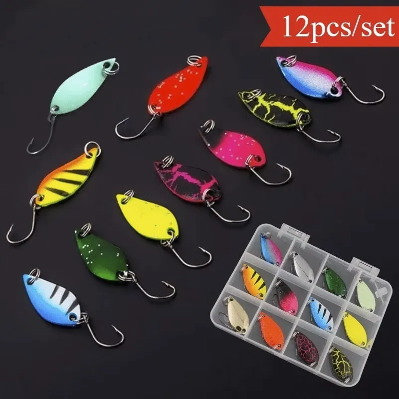 12 unids/caja cuchara Señuelos de Pesca Metal Artificial cebo falso cucharas multicolor señuelo de fundición larga caja de aparejos de pesca - imagen 4