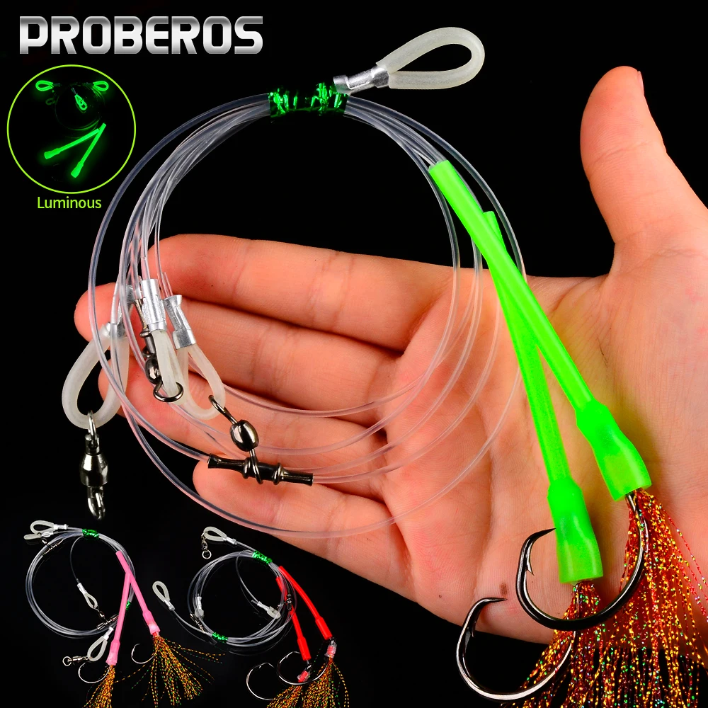 Proberos 2 piezas luminosas atadas a mano aguas profundas Hapuka Groper Cod Rig, Flasher Sabiki Rig con gancho circular de atún 1/0 3/0 5/0 7/0 10/0,