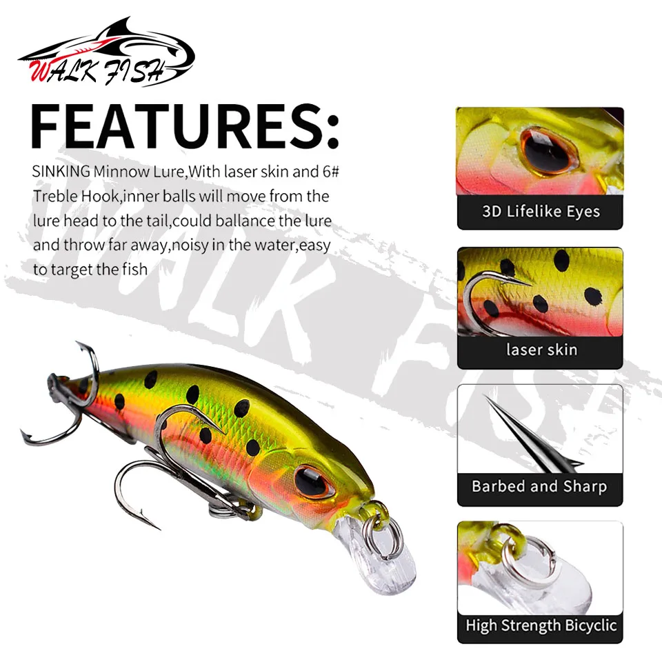 WALK FISH-Señuelos de Pesca de 1 piezas, 53mm, 4,6g, Minnow, cebo duro Artificial, profesional, sonajero, Wobblers - imagen 4