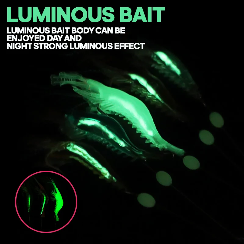 TAIYU 5 unid/set Kit de Señuelos de Pesca cebos blandos luminosos señuelo de camarón con gancho afilado cuenta para aparejos de pesca de agua dulce y salada - imagen 3