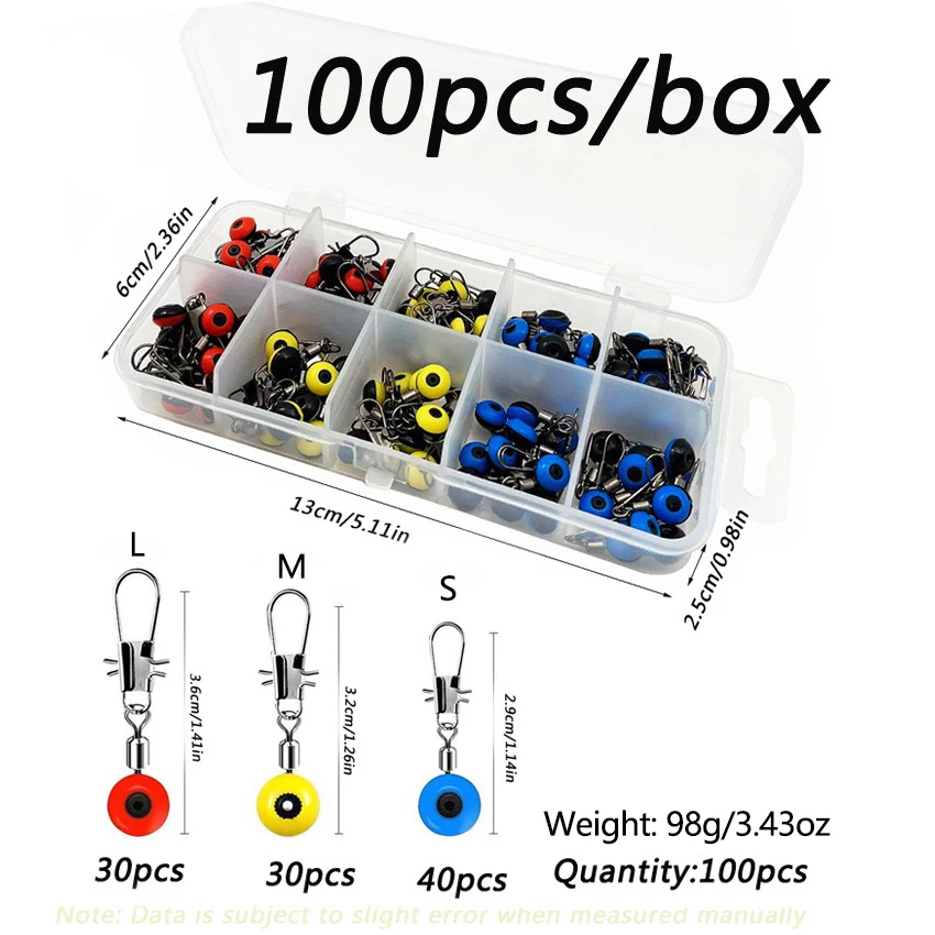 100 unids/caja línea de pesca diapositivas de plomo conector de flotador de pesca giratorios con broches de enclavamiento rojo/amarillo/azul - imagen 2