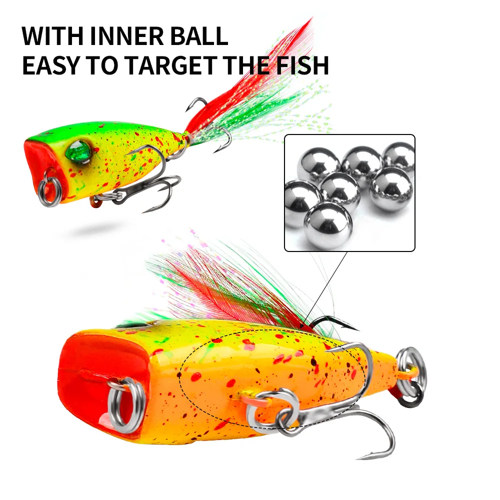 Mini Popper Topwater cebo duro 43mm 4g Señuelos de pesca Wobblers artificiales aparejos de plástico con anzuelos de plumas para pesca con caña - imagen 4