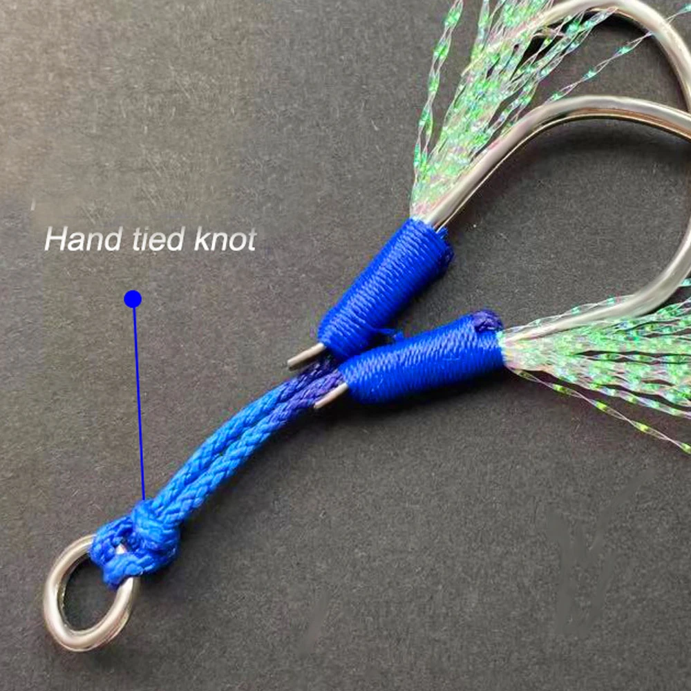 TAKEDO 6 Pares/BORSA 1 #   - Anzuelo de pesca de asistencia 4/0, anzuelo doble de acero rico en carbono, anzuelo de púas para caballa española, atún Bsaa - imagen 4