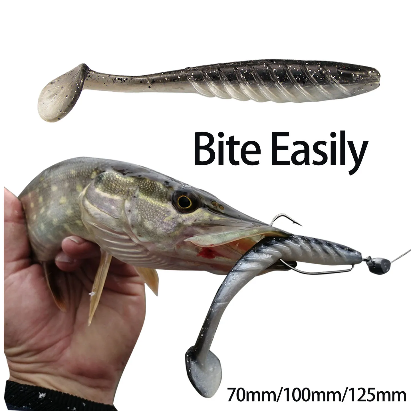 ESFISHING-señuelo de Pesca ondulado, 100mm, 125mm, para Pesca de Lucio, cola en T, Pesca Isca, cebo Artificial de silicona suave