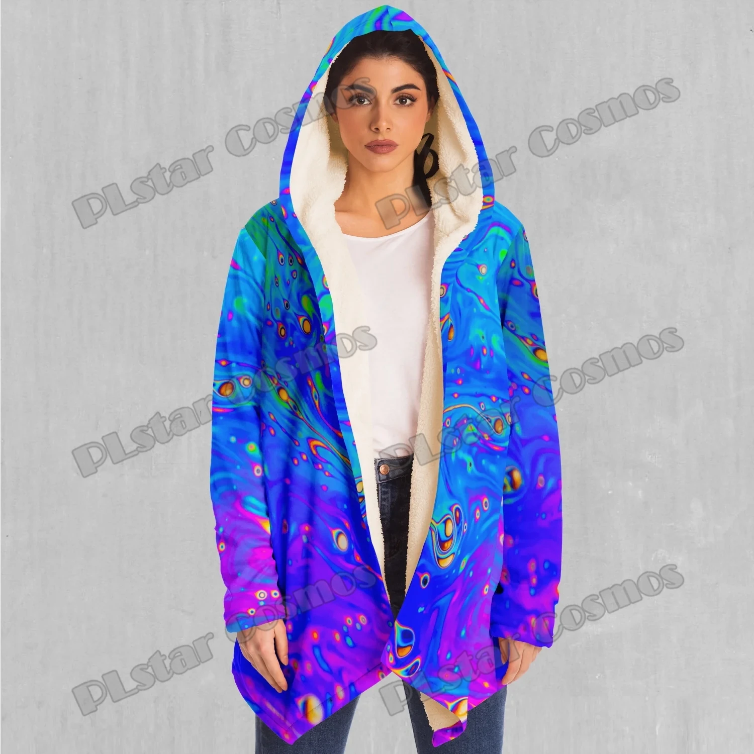 Capa con capucha forrada de Sherpa para hombre con estampado 3D colorido abstracto psicodélico líquido invierno Unisex Casual grueso capa cálida DP81 - imagen 5