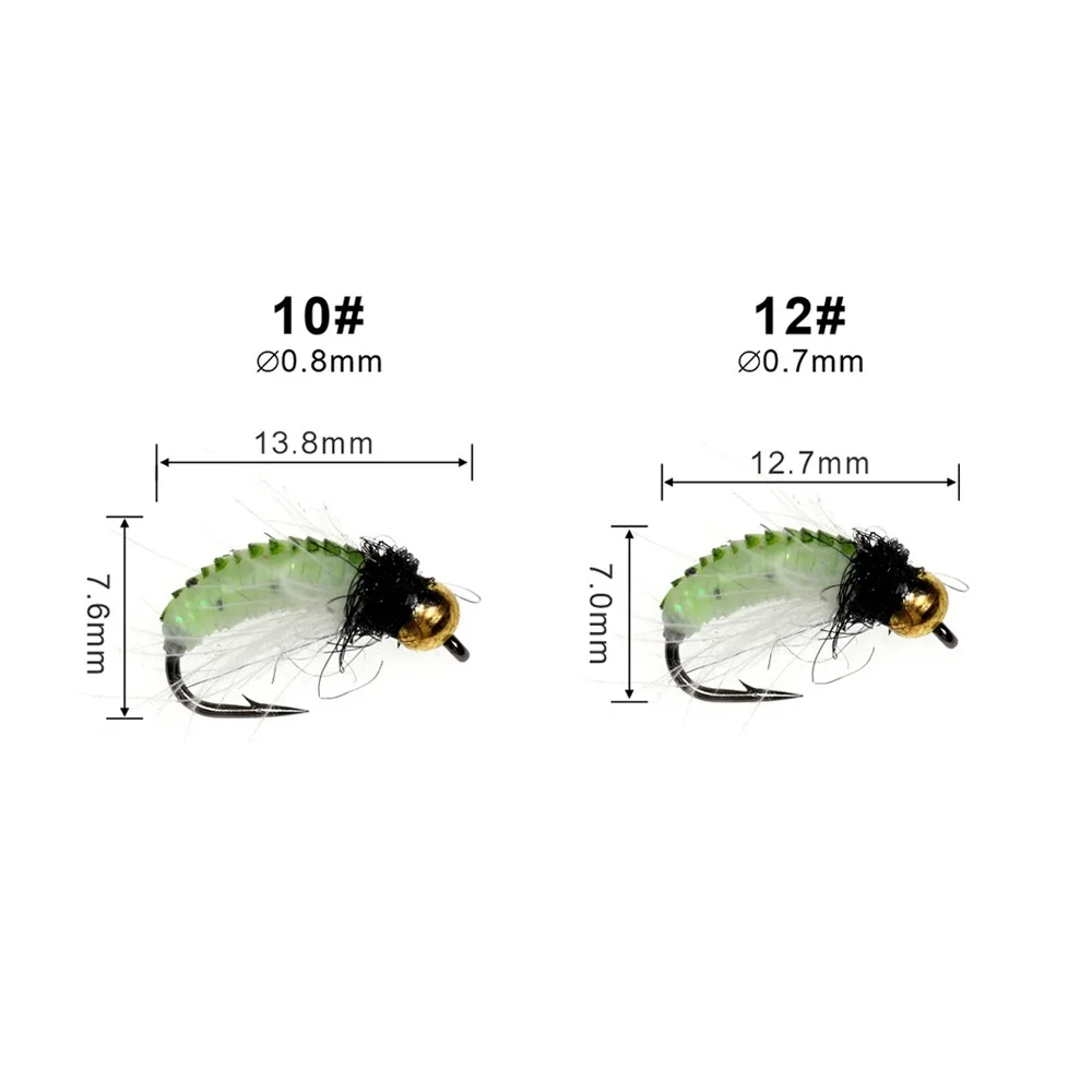 Señuelo luminoso de pesca con mosca, cabeza de cuentas de latón, trucha, lubina, hundimiento rápido, fibra CDC, serpentina de insectos, salmón #10 #12, 10 unids/lote por caja - imagen 5