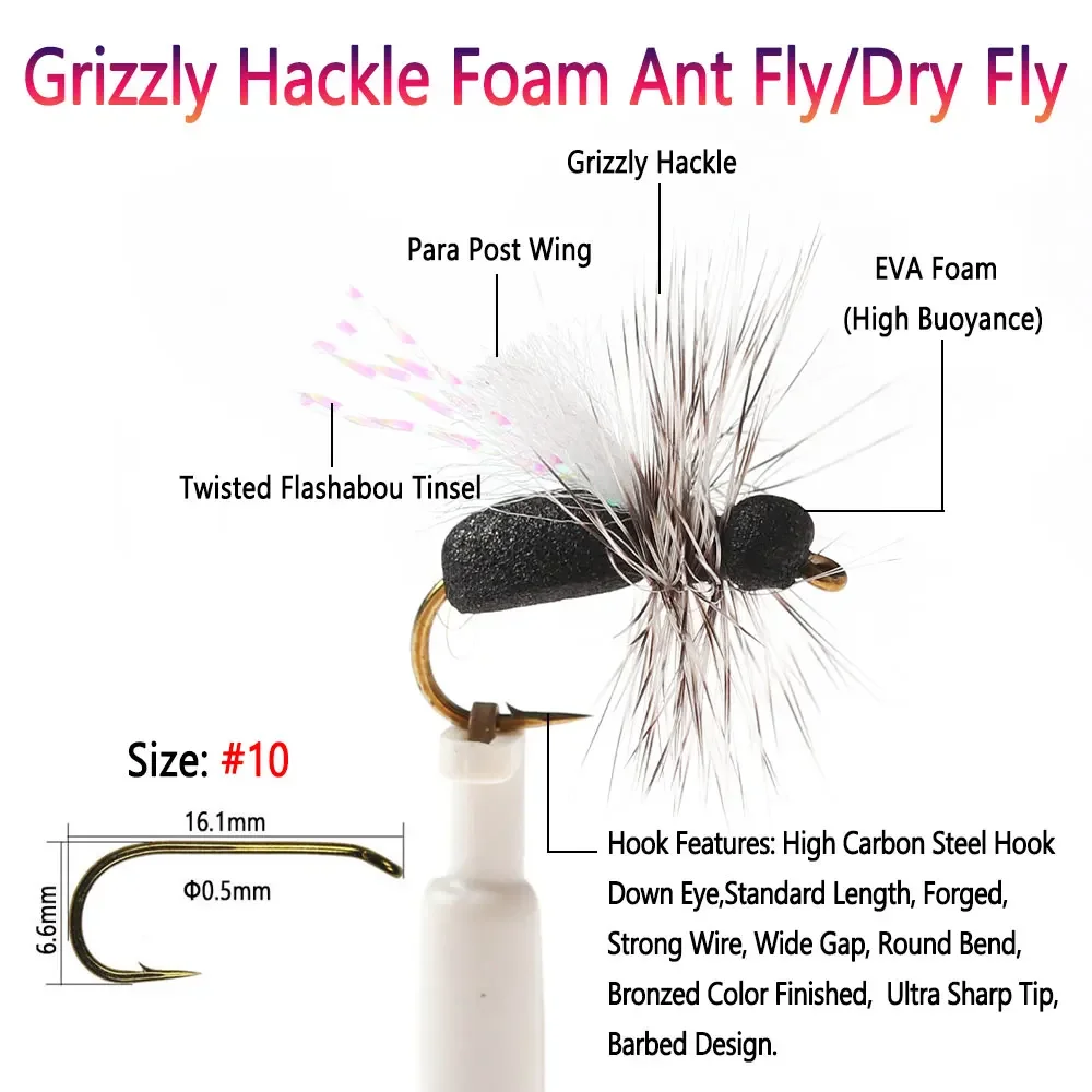 Bimoo 6 piezas # 10 Grizzly Hackle espuma hormiga mosca flotante negro mosca seca Para poste ala insecto Artificial cebo trucha Char Señuelos de pesca - imagen 3