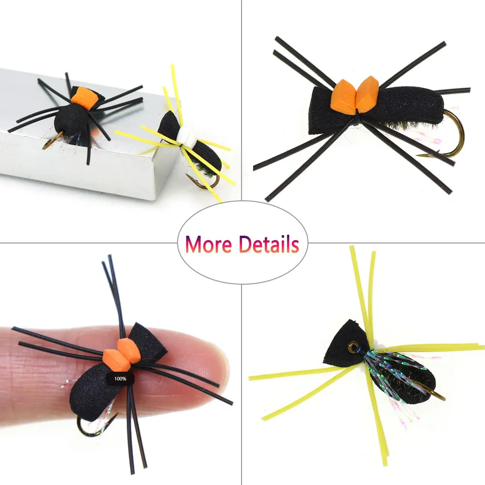 Bimoo 8 piezas # 10 patas de goma espuma escarabajo mosca Artificial patrón terrestre mosca seca flotante para trucha lubina Bluegill Señuelos de pesca - imagen 5