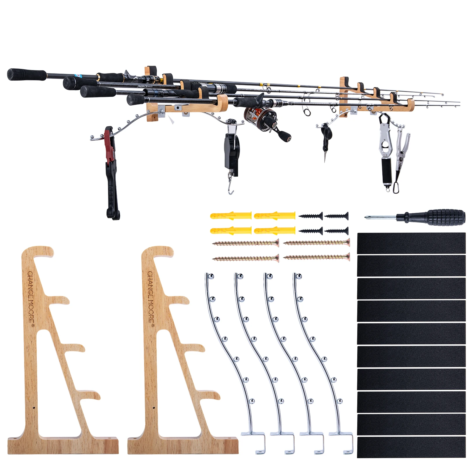 Goture Organizador de caña de pescar Juego de estantes de madera maciza, montaje fácil que ahorra espacio montado en la pared, para marco fijo de exhibición de almacenamiento de caña - imagen 2