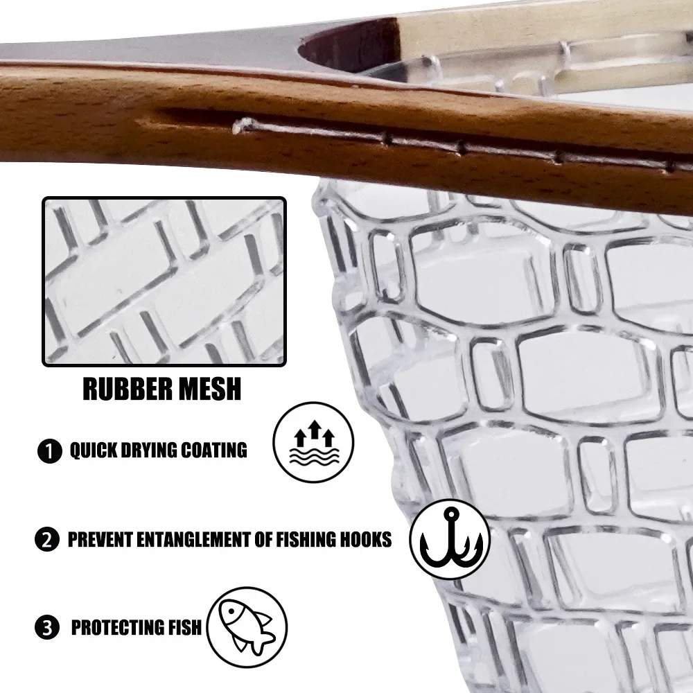 Red de aterrizaje de pesca con mosca, red de captura y liberación de trucha de goma, con poste de madera, herramienta de pesca al aire libre - imagen 5