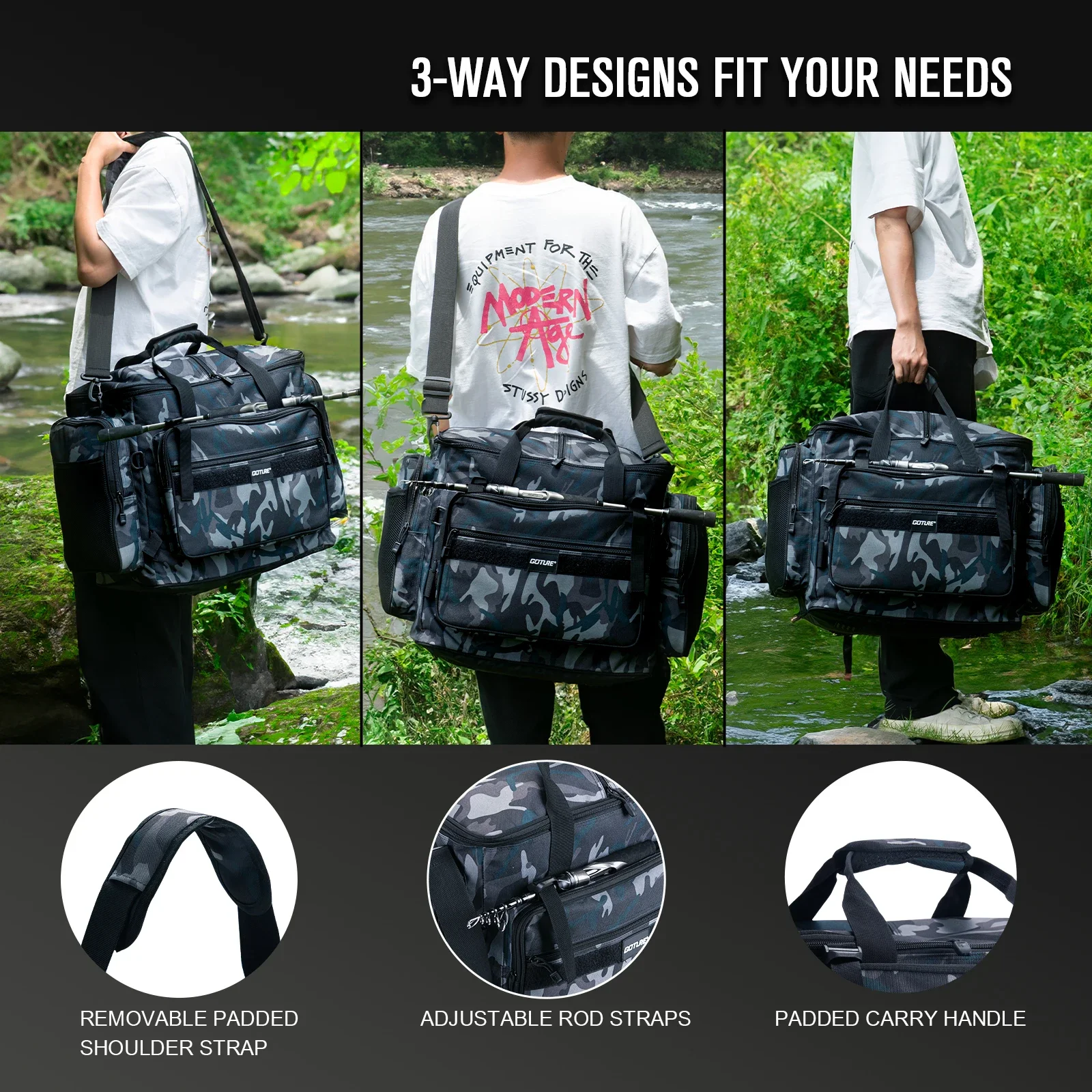 Goture 45*25*38cm bolsa de pesca al aire libre 600D tela Oxford impermeable de gran capacidad multifuncional señuelo paquete de aparejos de pesca - imagen 5