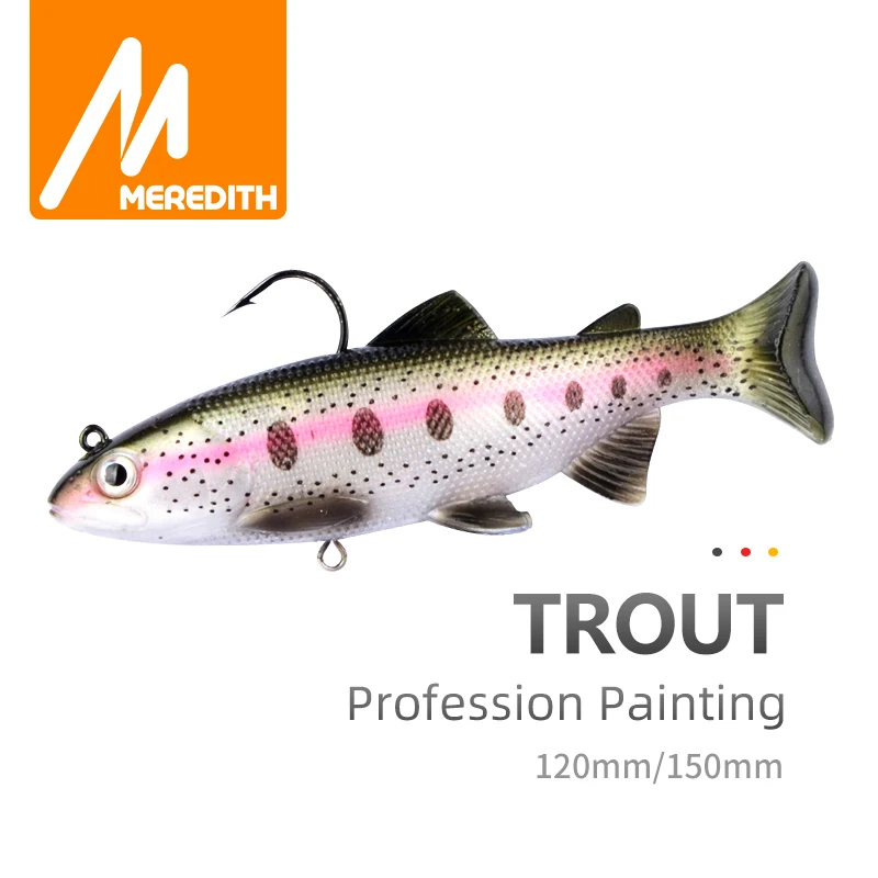 MEREDITH trucha 12cm 15cm cabeza PVC Señuelos de Pesca natación cebos artificiales cola en T silicona suave Swimbait Wobblers - imagen 5