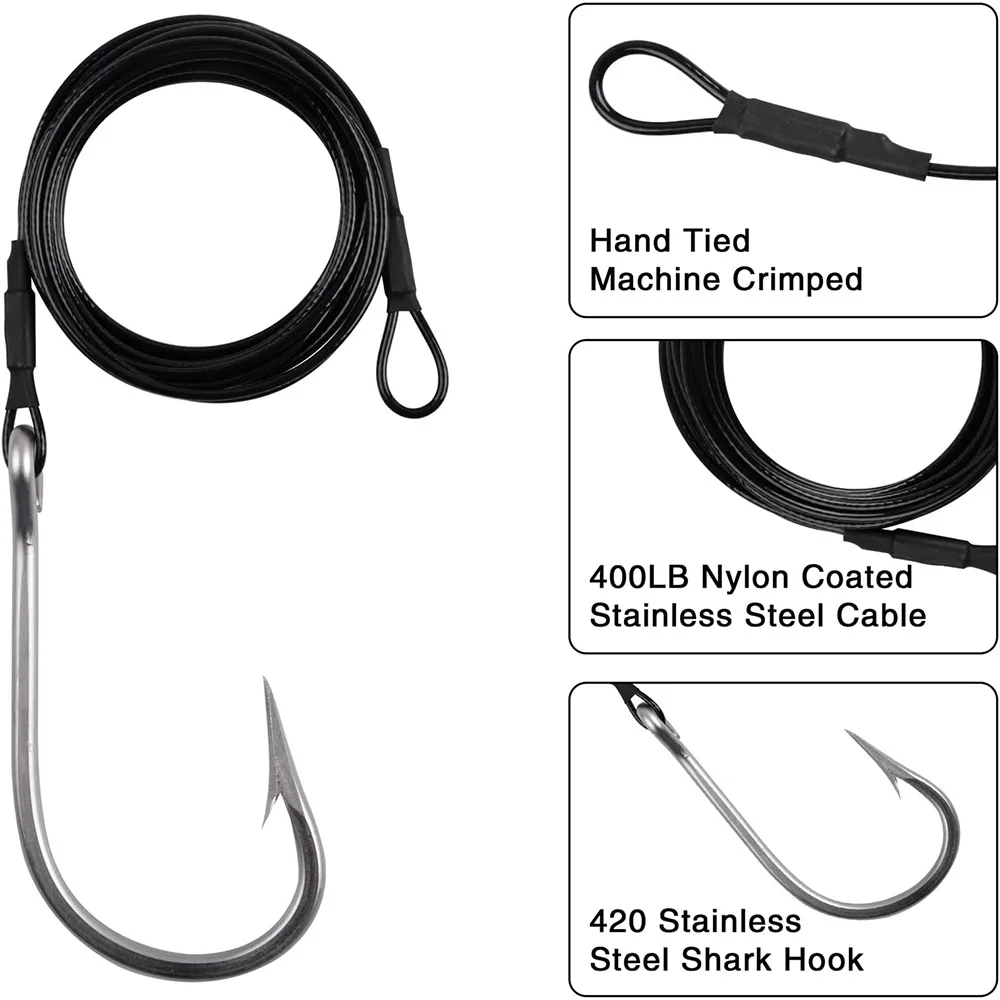 4 Uds. De aparejos de pesca de tiburones, Cable líder de Cable de acero inoxidable con anzuelos de pesca de atún, anzuelos de aguas profundas para agua salada, aparejo líder de peces grandes - imagen 4
