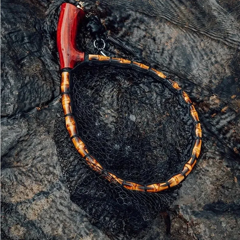 Red de mano de nailon para pesca con mosca de raíz de bambú, red de pesca con mosca pequeña, red de señuelo de pesca, red de pesca hecha a mano portátil de raíz de bambú