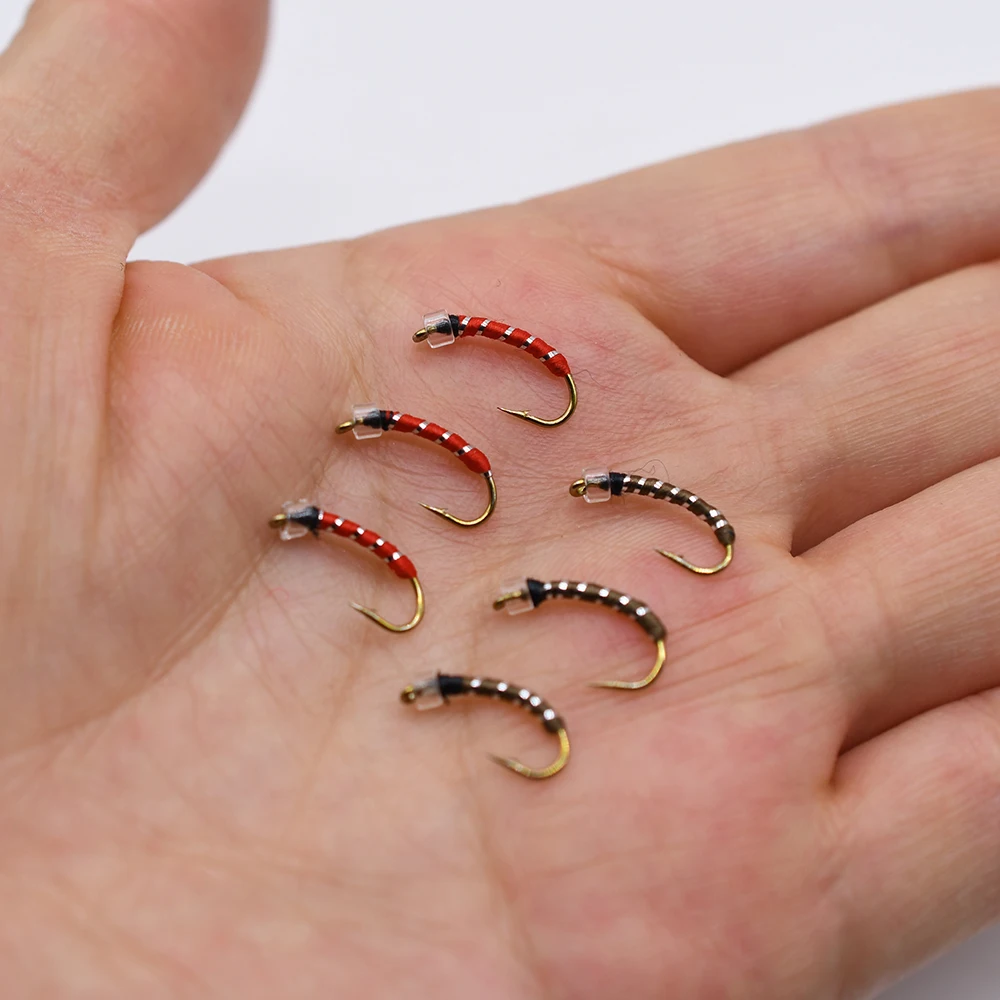 MNFT 10PCS 12 #   Cabeza dorada de latón rojo y marrónMidge moscas Pupa Larva Ninfa para pesca con mosca - imagen 4