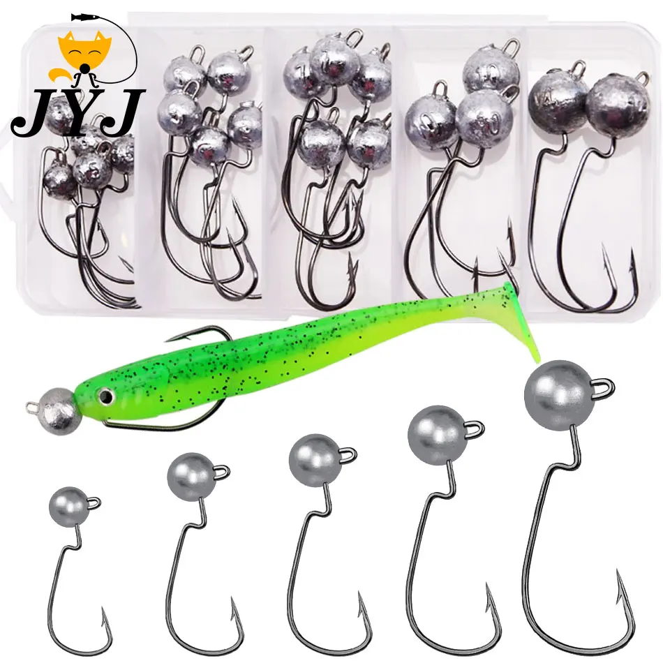 Paquete de caja JYJ 3,5g 5g 7g 10g anzuelo de cabeza de anzuelo de pesca afilado, anzuelo compensado para cebo de señuelo de gusano suave - imagen 2