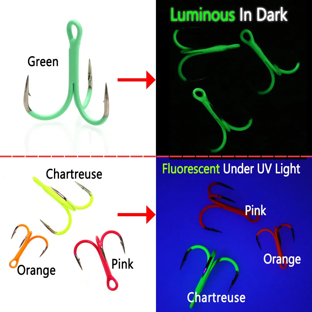 Bimoo, 5 uds., anzuelos triples de acero rico en carbono, anzuelo triple fluorescente/luminoso, Señuelos de Pesca de agua dulce y salada, cebo de pesca - imagen 5