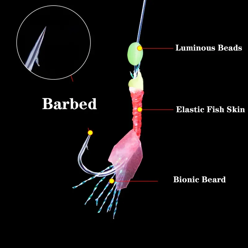 1 paquete de 6 anzuelos Sabiki señuelo aparejo intermitente anzuelo de piel de pescado cebo luminoso brillo oscuro caballa pesca pargo cabeza plana salmonete tiburón