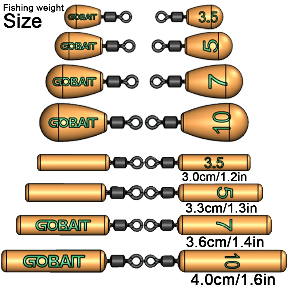 Plomada DE PESCA DE 10 piezas, 3,5g, 5g, 7g, 10g, tubo, bala, tiro rápido, plomada, engranaje colgante, plantilla giratoria de Metal fundido, peso de aparejos - imagen 2