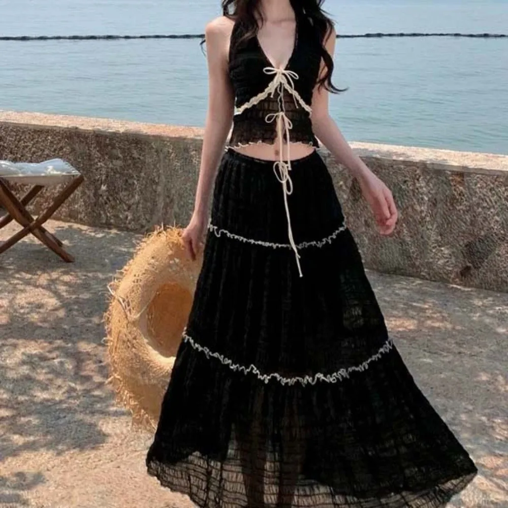 Bikini Halter traje de baño falda conjunto camisola colgante cuello en V falda larga traje de baño ropa de playa con volantes - imagen 3