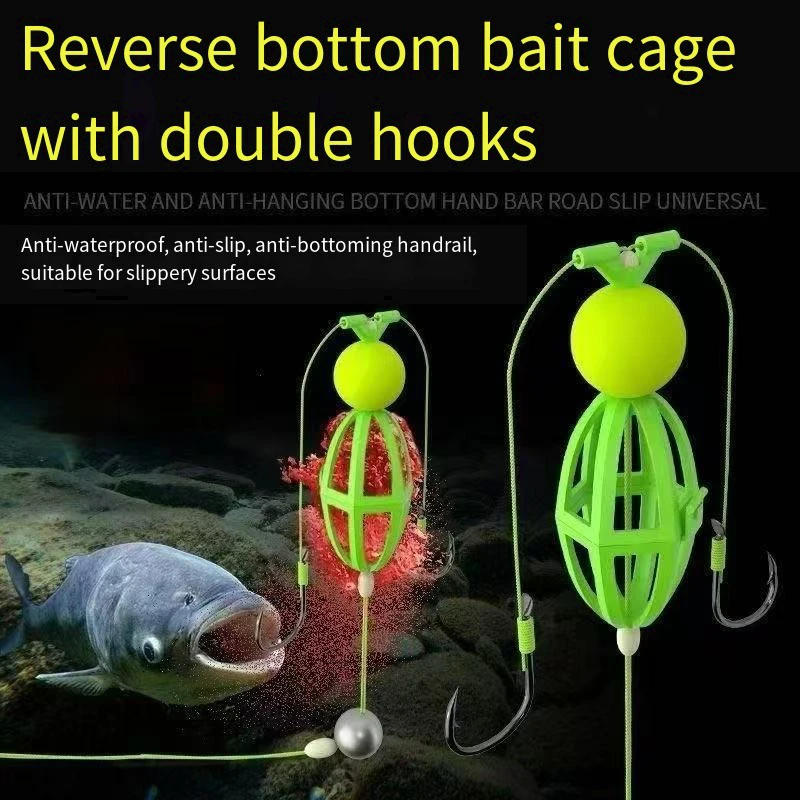 1 Juego de sedal de pesca de carpa mejorado con anzuelos dobles, jaula para cebo, flotador, sedal de pesca de plástico de alto índice verde, 2 anzuelos, herramientas de pesca