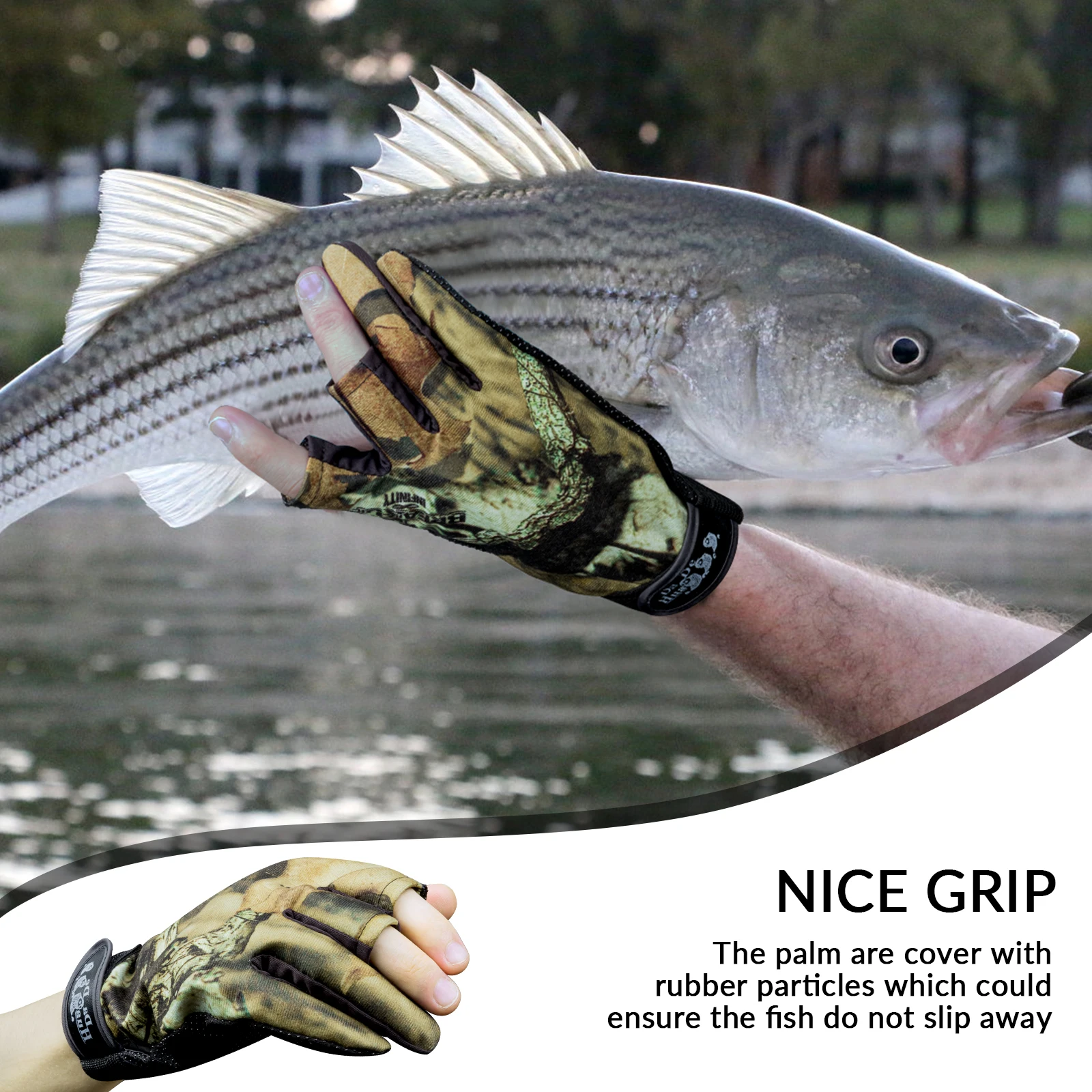 Guantes de pesca para hombre, guantes de pesca de camuflaje antideslizantes con 3 dedos cortados, guantes de exterior a prueba de viento para acampar, senderismo y ciclismo, verano - imagen 2