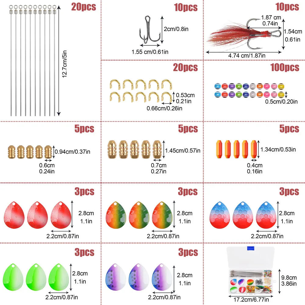Kit de fabricación de Señuelos de Pesca giratorios, 190 uds, cuchara de Metal, lentejuelas, cebo duro, anzuelos triples para hilanderos en línea, aparejos Walleye - imagen 2