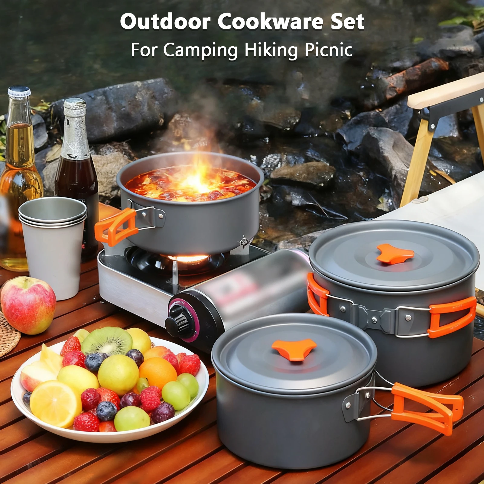 Juego de utensilios de cocina para acampar, olla antiadherente de aluminio ligera para kit de utensilios de cocina para campamento al aire libre - imagen 3