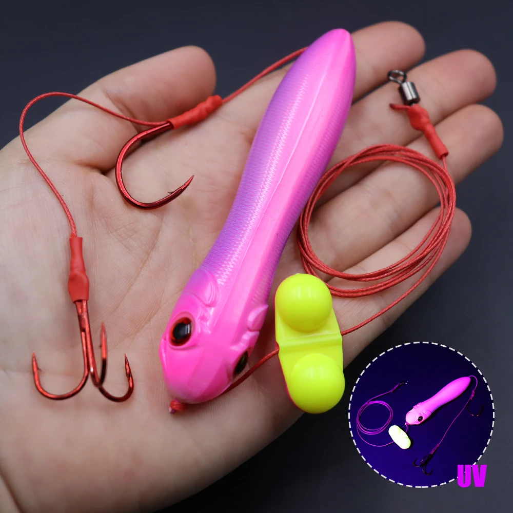 ZYZ 1 pieza de aparejos de bagre con gancho en J individual rojo y anzuelos triples, señuelo flotante, aparejos de cebo vivo, Ideal para anzuelos de cuerda de bagre de agua dulce