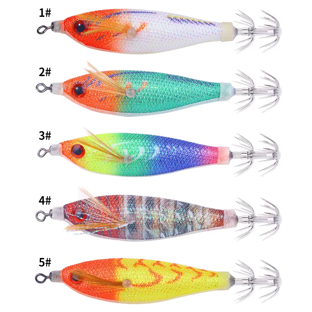 5 unidades de plantillas de calamar horizontales, 8cm, 5,8g, señuelo de pesca, anzuelo de calamar Artificial, cebos de Jigging chapados para pesca en el mar, sepia luminosa - imagen 5