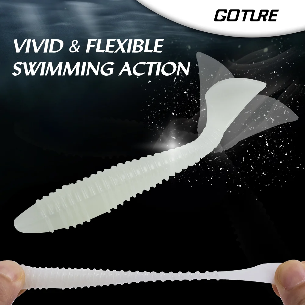 Goture 20 unids/lote Señuelos de Pesca blandos cola en T cebo suave de gusano 55mm 65mm Wobblers carpa señuelo de pesca de silicona Artificial Swimbait - imagen 3